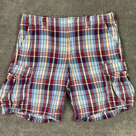 Ralph Lauren Polo Jeans Company Plaid Cargo Shorts Men's 40 Red Blue Madras - Picture 1 of 11